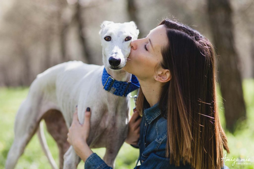 chica dandole un beso a su galgo en un parque