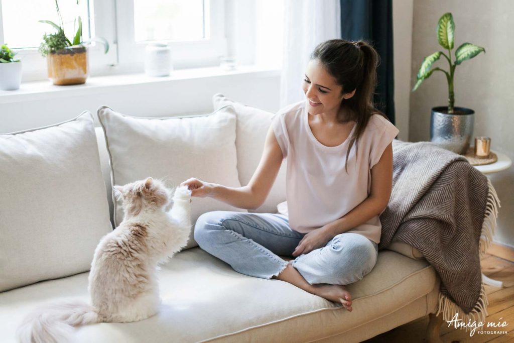 chica jugando con su gato en su domicilio